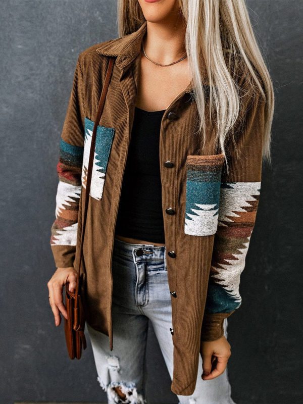Corduroy Casual Cardigan With Western Print For Women - Image 7
