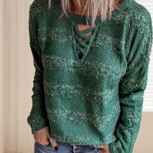 Cross Hollow Woolen Sweater With Long Sleeve For Women In Green