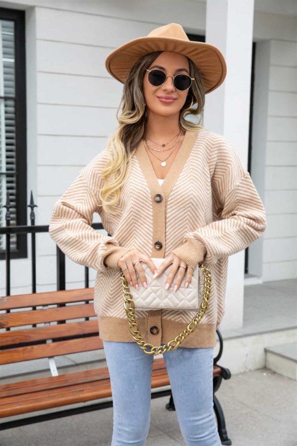 Striped V-Neck Dropped Shoulder Button-Up Cardigan - Image 5