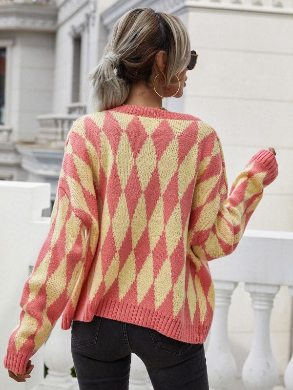 Woven Right Argyle Button Front Drop Shoulder Cardigan - Image 2
