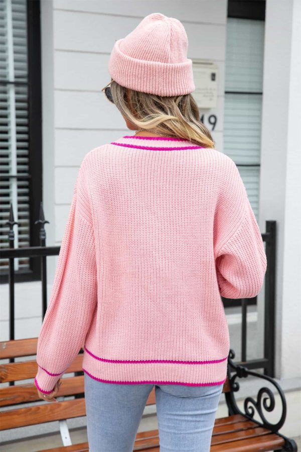 Waffle Knit V-Neck Cardigan with Pocket - Image 2