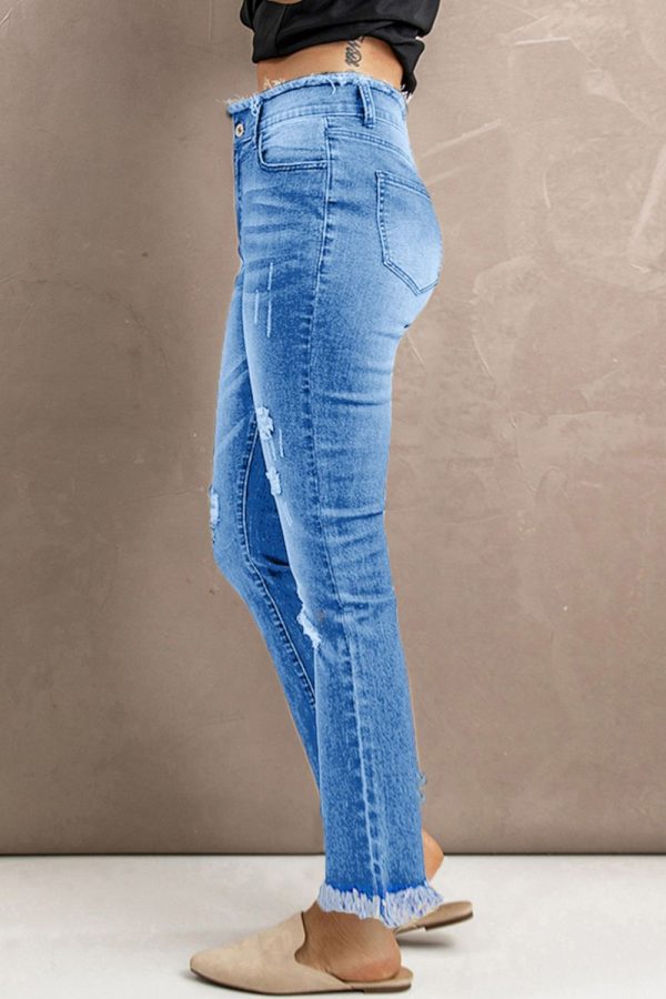 Baeful High Waist Distressed Raw Hem Jeans - Image 2