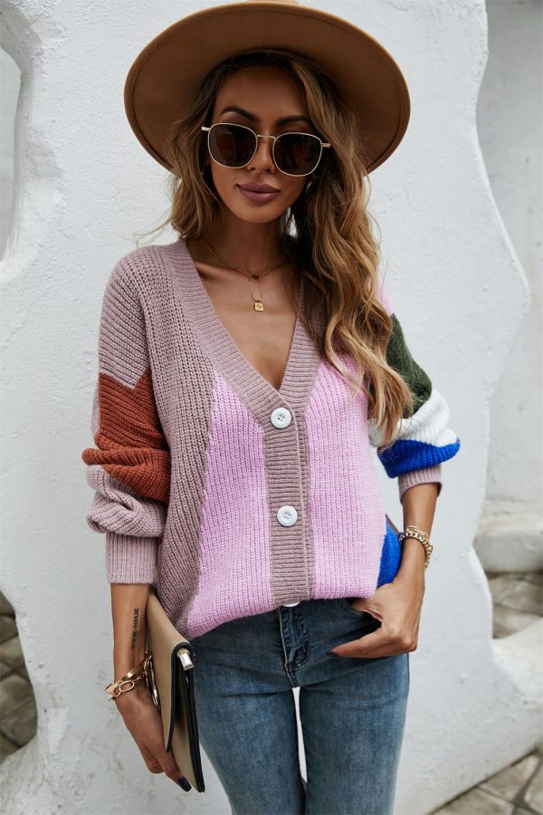 Contrast Button Front V-Neck Cardigan - Image 5