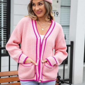 Waffle Knit V-Neck Cardigan with Pocket