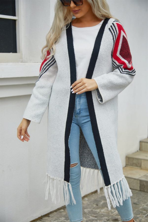 Double Take Geometric Fringe Hem Open Front Duster Cardigan - Image 12