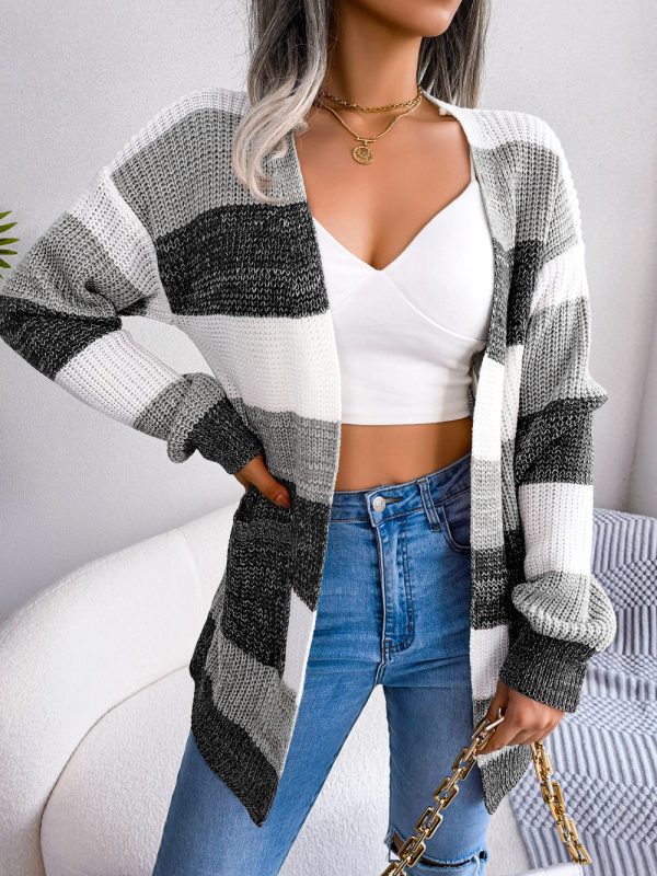 Striped Rib-Knit Open Front Longline Cardigan - Image 14