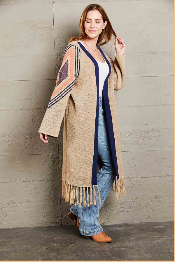 Double Take Geometric Fringe Hem Open Front Duster Cardigan - Image 5