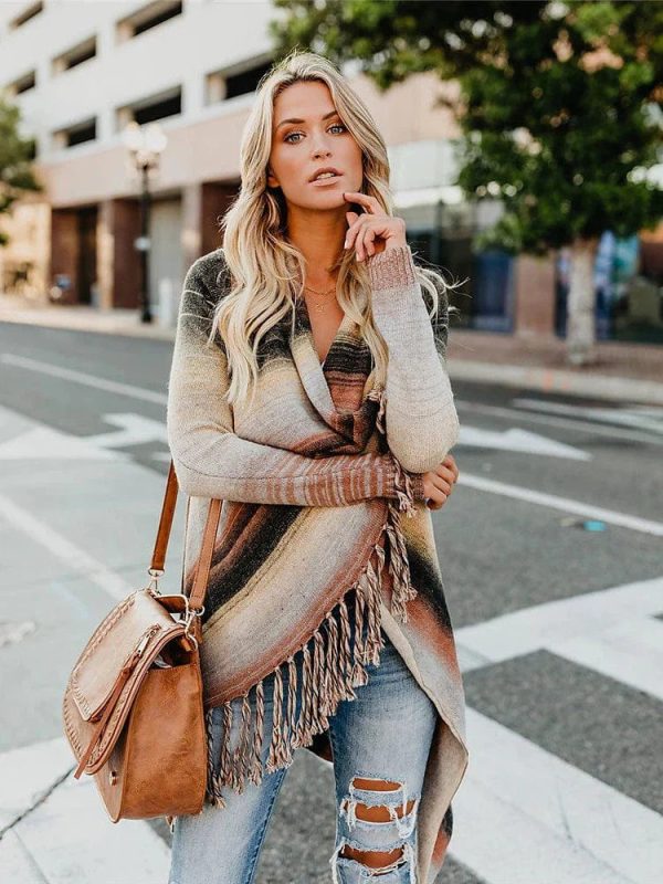 Knitted Turtleneck Cloak Cardigan with Tassel Fringe for Women - Image 8