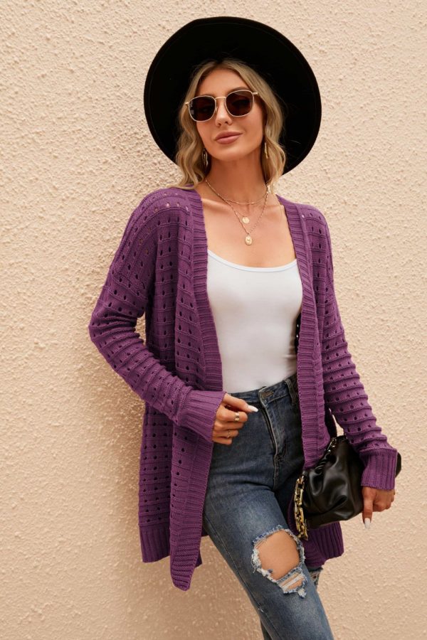 Openwork Horizontal Ribbing Open Front Cardigan - Image 6