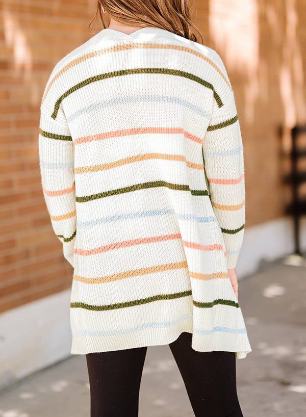 Woven Right Striped Rib-Knit Open Front Pocketed Cardigan - Image 2