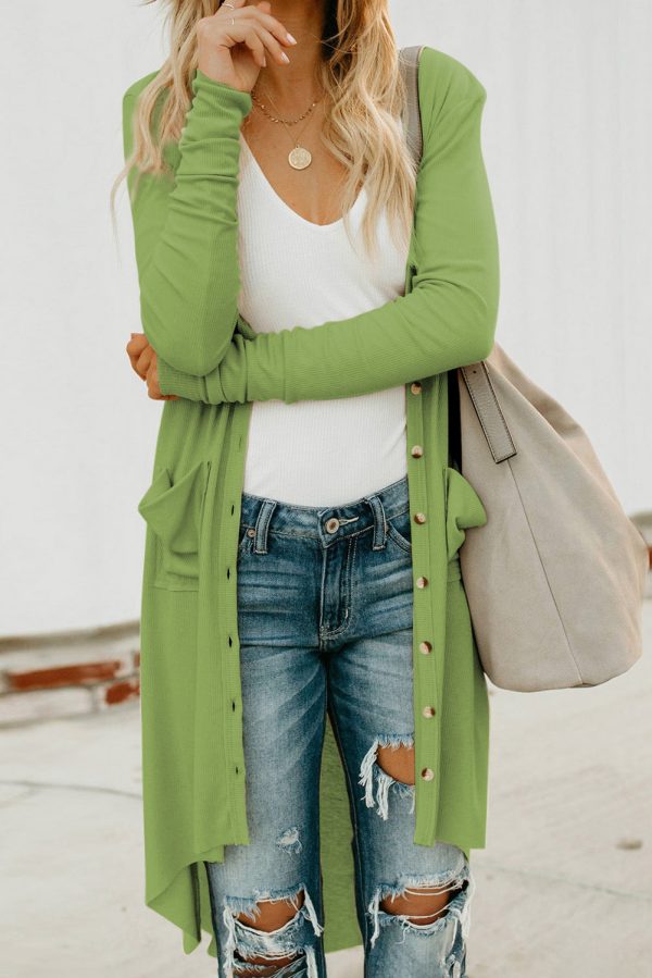 V-Neck Long Sleeve Cardigan with Pocket - Image 20