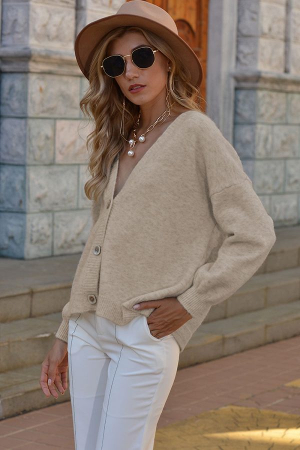 V-Neck Button-Down Dropped Shoulder Cardigan - Image 24