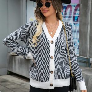 Striped V-Neck Dropped Shoulder Button-Up Cardigan