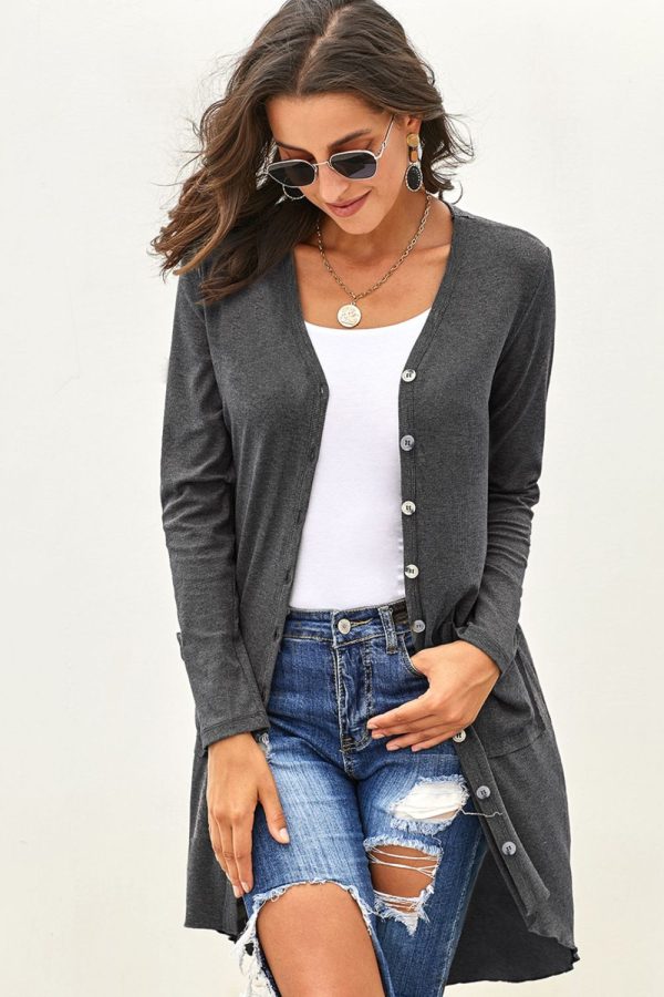 V-Neck Long Sleeve Cardigan with Pocket - Image 4