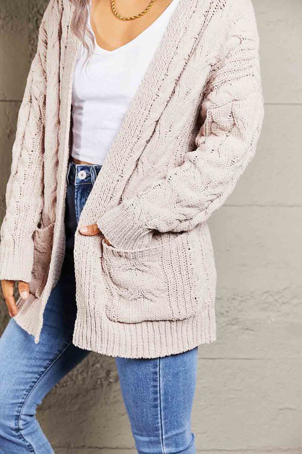 Woven Right Cable-Knit Open Front Cardigan with Front Pockets - Image 4