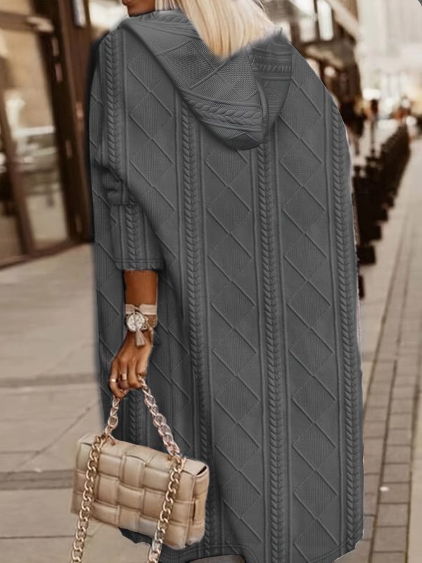 Solid Fashion Textured Open Front Hoodie Stylish ThighLength Coat - Image 7