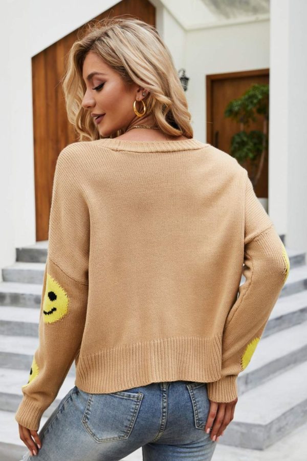 Smiley Face Ribbed Trim V-Neck Cardigan - Image 7