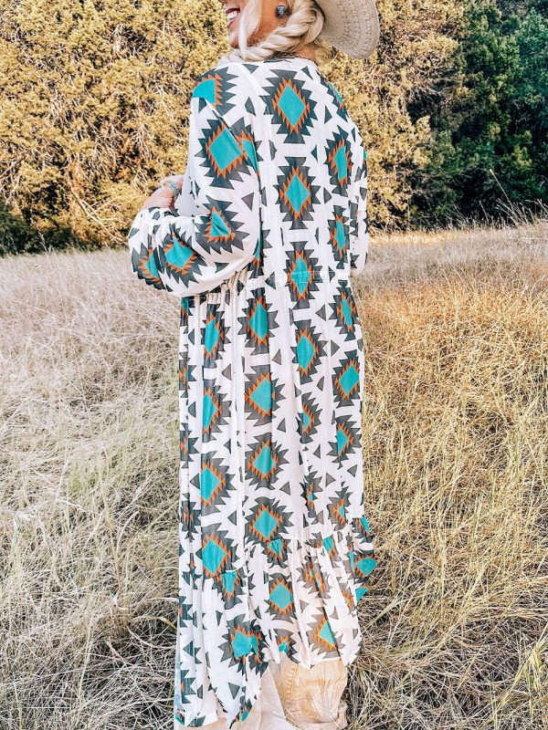 Western Aztec Print White Duster Kimono Cardigan - Image 2