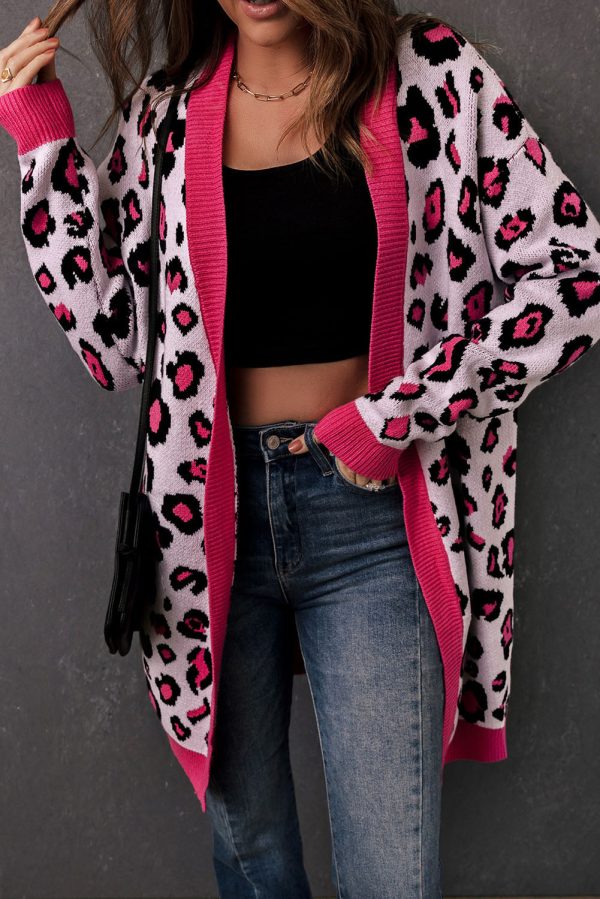 Leopard Contrast Trim Open Front Longline Cardigan - Image 4