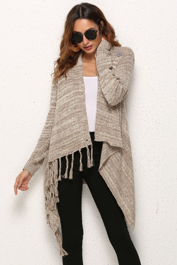 One-Button Tassel Tie Asymmetrical Hem Cardigan - Image 3