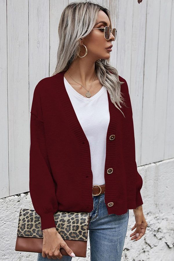 V-Neck Button-Down Dropped Shoulder Cardigan - Image 27
