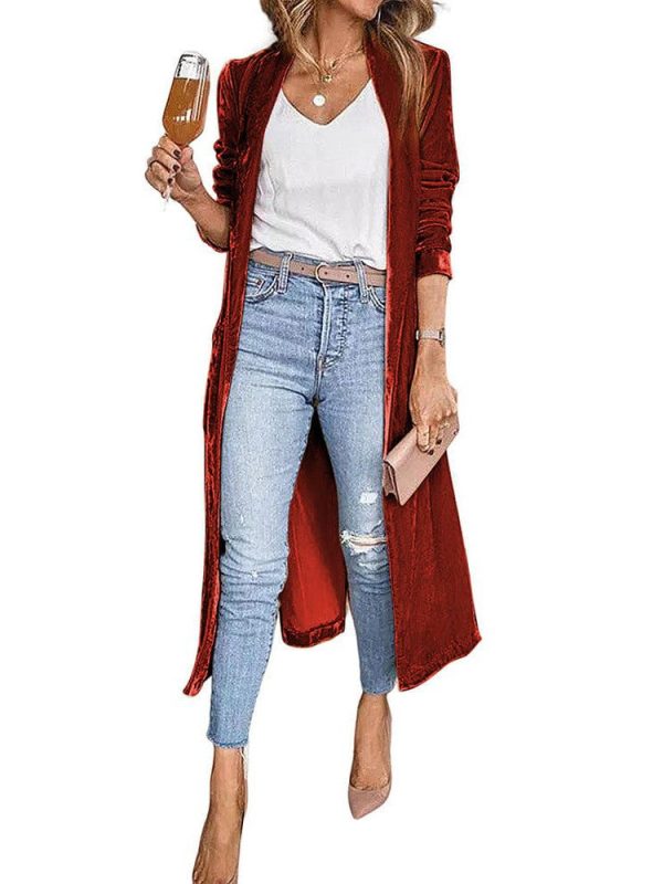 Elegant Long Velvet Cardigan With Patchwork Details For Women - Image 7