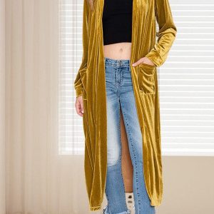 Elegant Long Velvet Cardigan With Patchwork Details For Women