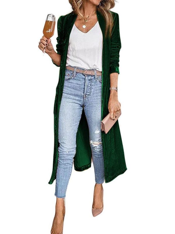 Elegant Long Velvet Cardigan With Patchwork Details For Women - Image 8