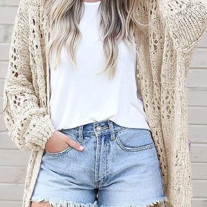 Ethnic Style Knitted Mesh Hollow Women'S Cardigan Sweater With Acrylic-Cotton Blend