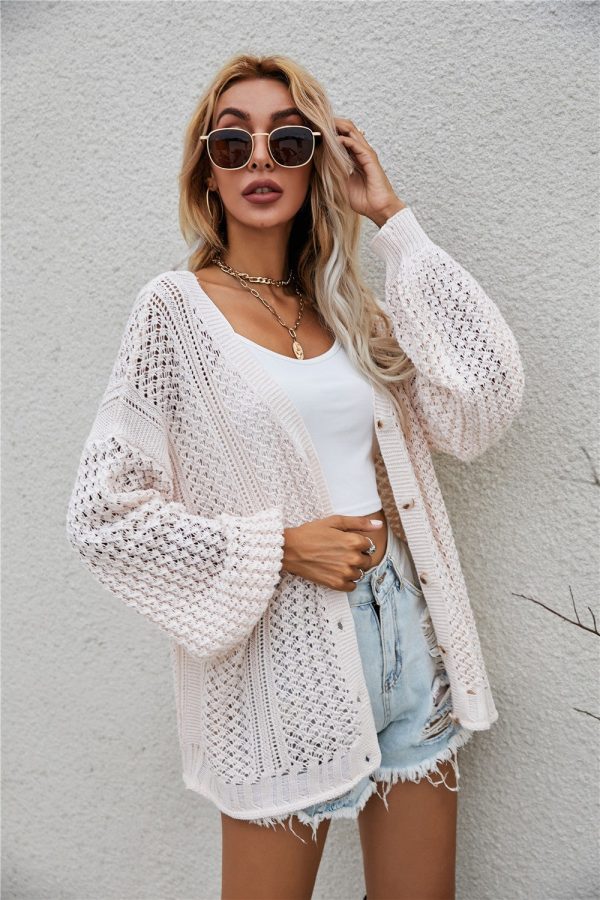 Openwork V-Neck Dropped Shoulder Cardigan - Image 5