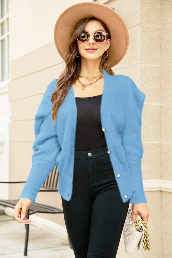 Woven Right Puff Sleeve V-Neck Fuzzy Cardigan - Image 7