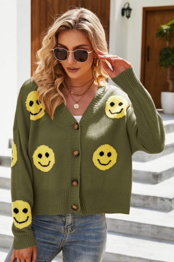 Smiley Face Ribbed Trim V-Neck Cardigan - Image 11