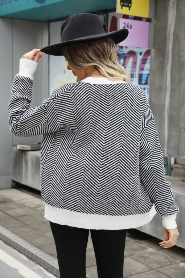 Striped V-Neck Dropped Shoulder Button-Up Cardigan - Image 2