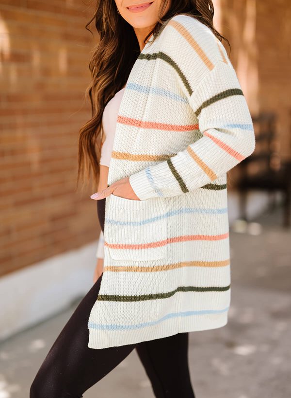 Woven Right Striped Rib-Knit Open Front Pocketed Cardigan - Image 3