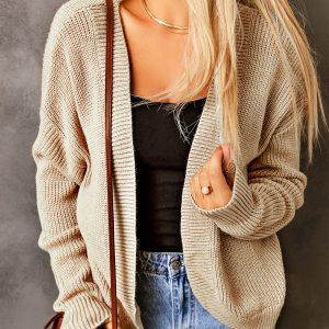 Open Front Drop Shoulder Rib-Knit Cardigan