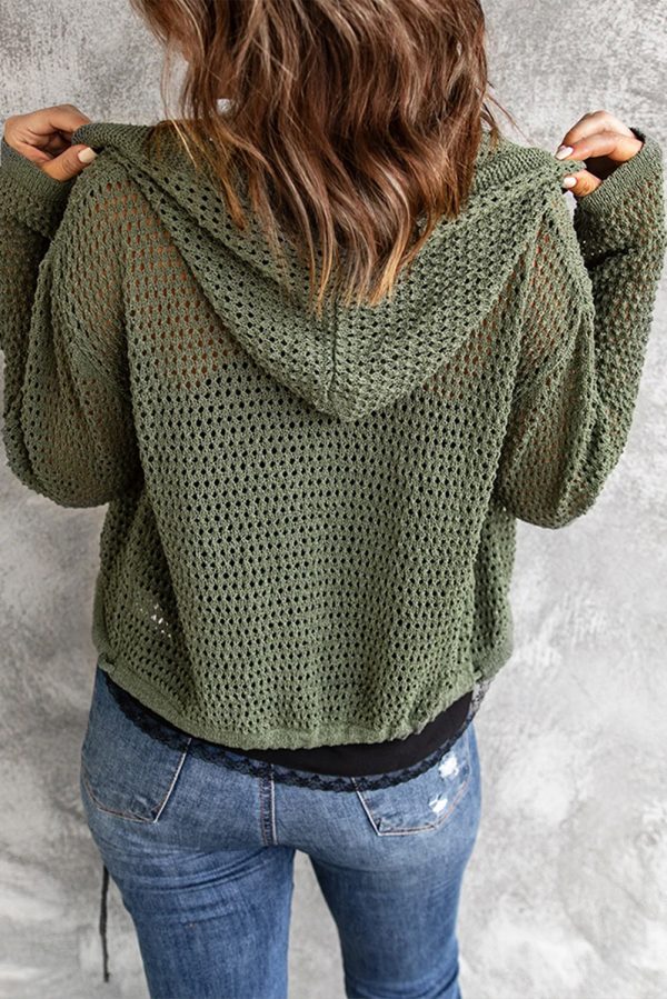 Button-Up Drawstring Detail Openwork Hooded Cardigan - Image 2