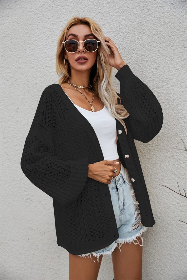 Openwork V-Neck Dropped Shoulder Cardigan - Image 14