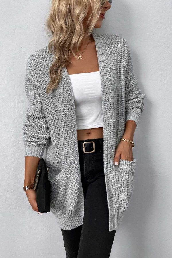 Rib-Knit Open Front Pocketed Cardigan - Image 3