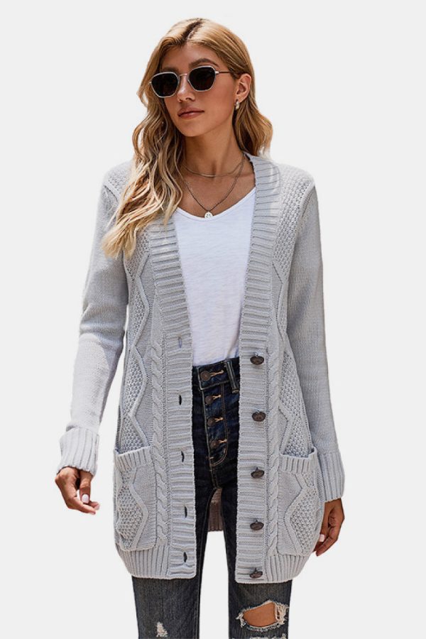 Woven Right Button Pocket Cable Knit Cardigan - Image 3