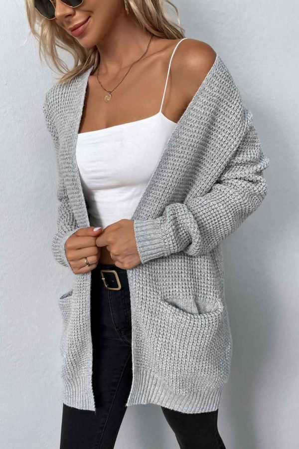 Rib-Knit Open Front Pocketed Cardigan - Image 6
