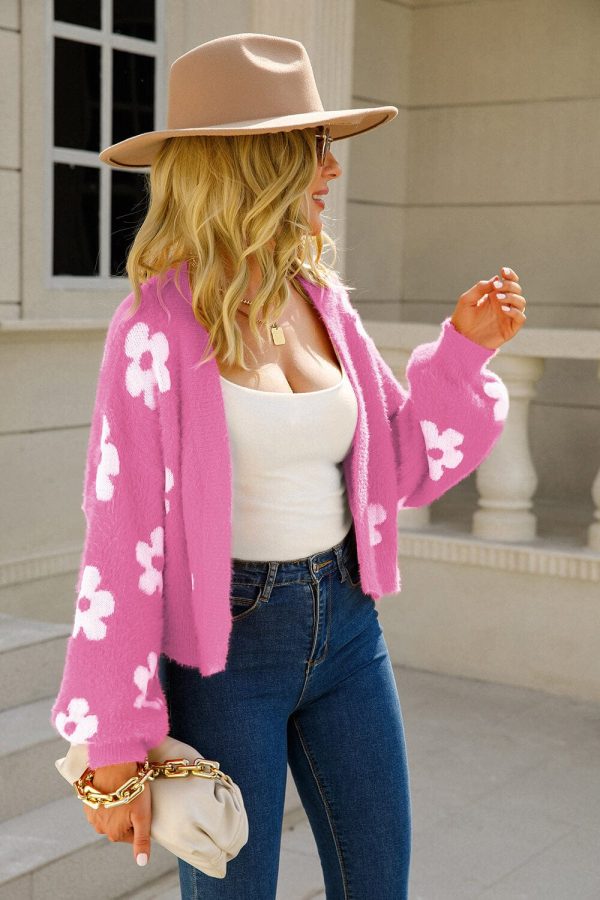 Floral Open Front Fuzzy Cardigan - Image 4
