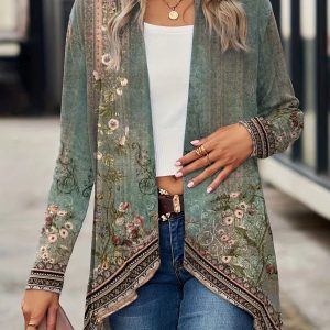 Floral Print Dipped Hem Open Front Long Sleeve Casual Cardigan