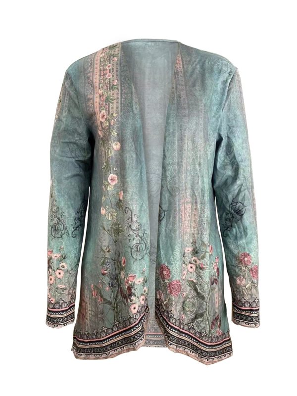 Floral Print Dipped Hem Open Front Long Sleeve Casual Cardigan - Image 2