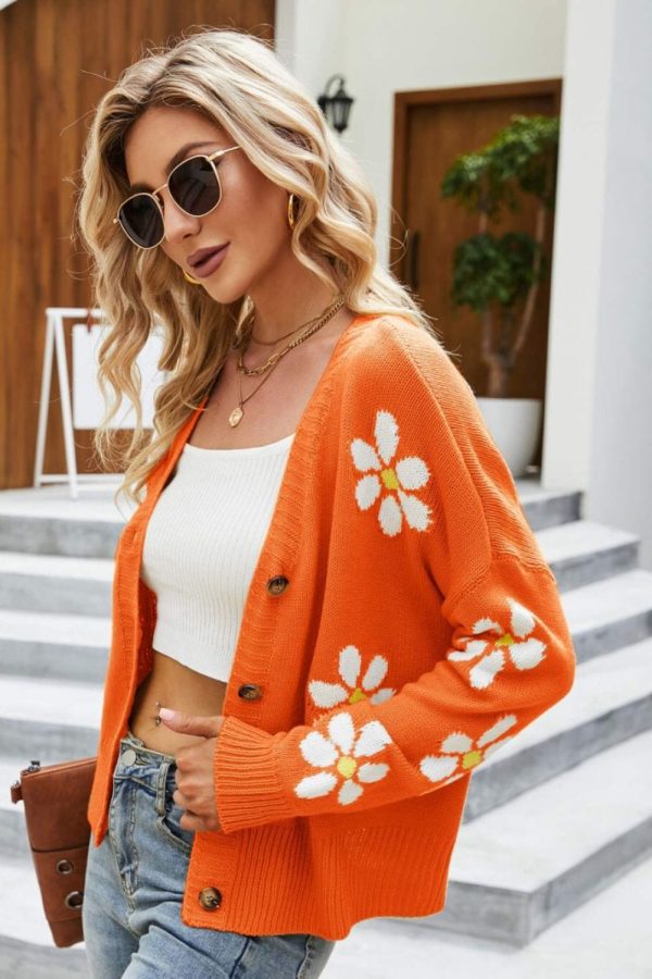 Floral Ribbed Trim Drop Shoulder Cardigan - Image 5