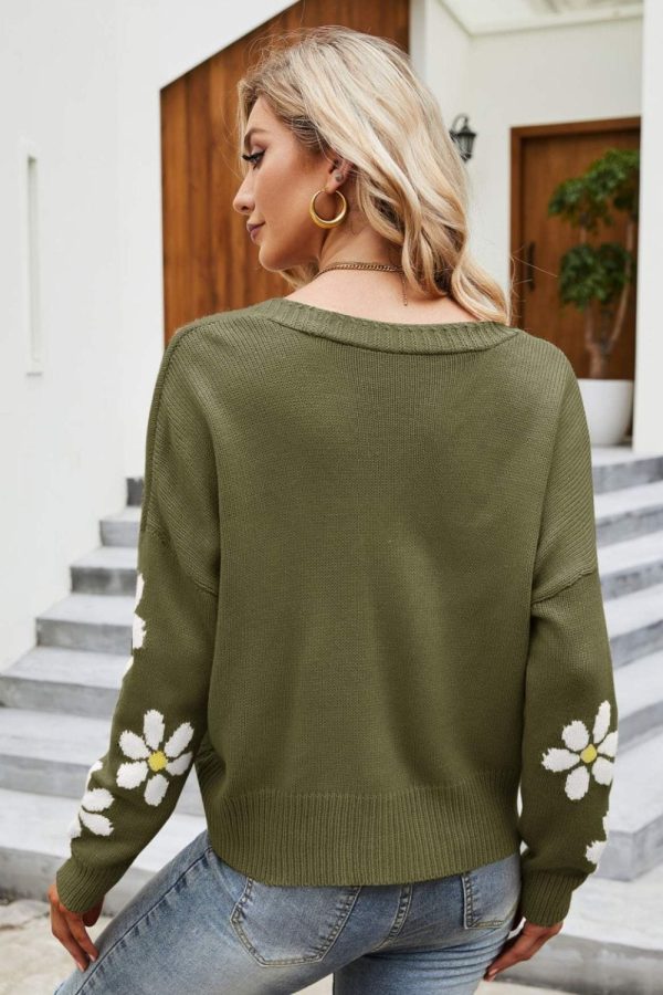 Floral Ribbed Trim Drop Shoulder Cardigan - Image 9