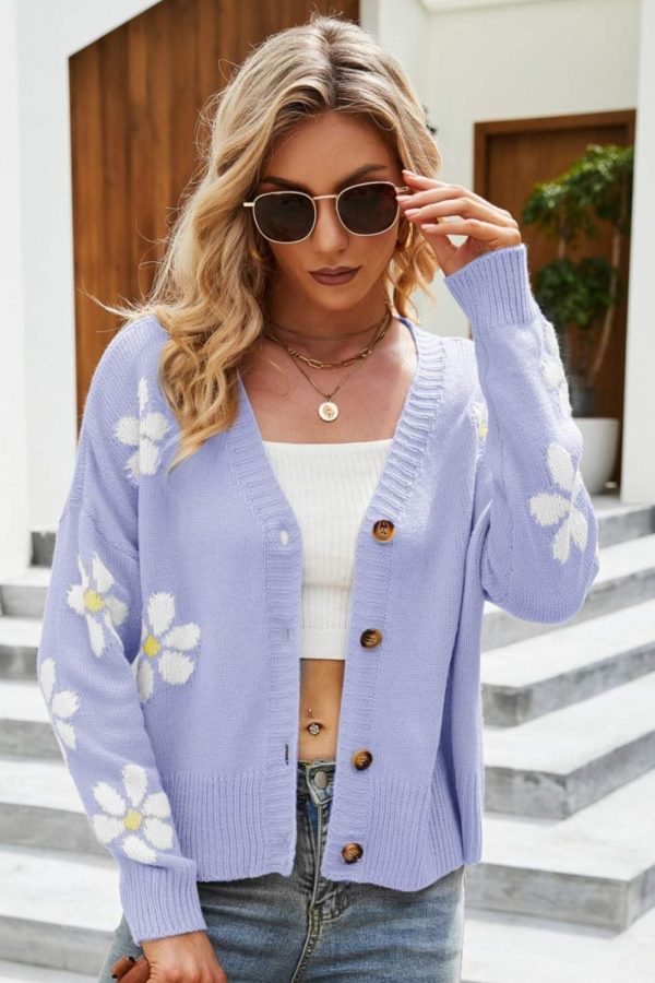 Floral Ribbed Trim Drop Shoulder Cardigan - Image 10