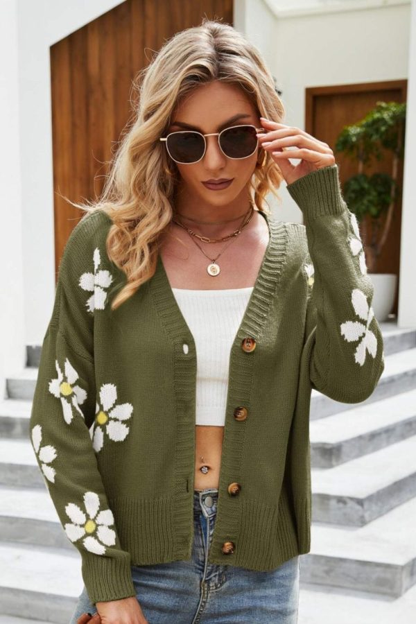Floral Ribbed Trim Drop Shoulder Cardigan - Image 6