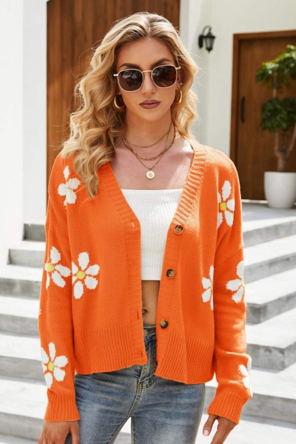 Floral Ribbed Trim Drop Shoulder Cardigan - Image 4