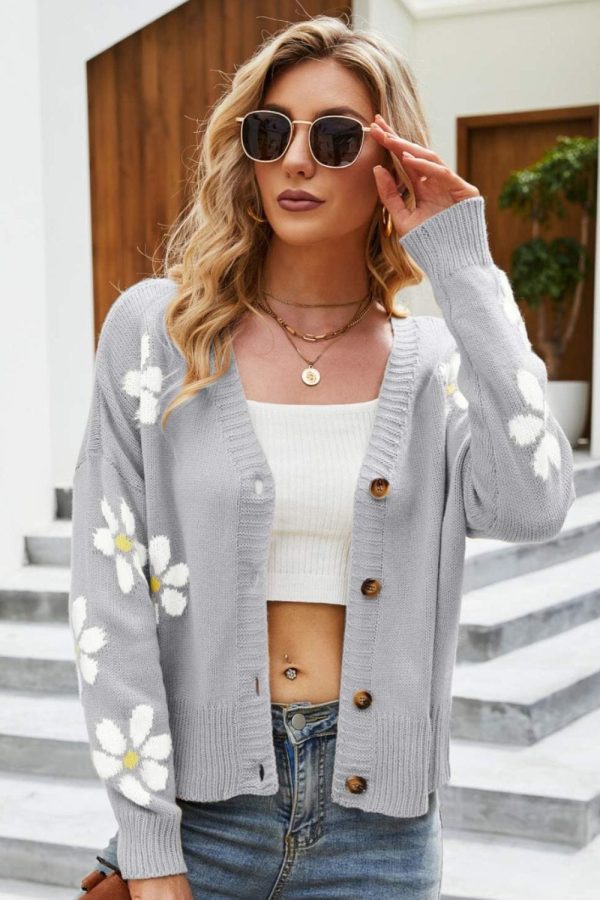 Floral Ribbed Trim Drop Shoulder Cardigan - Image 13