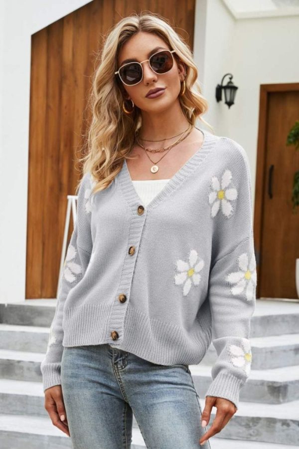 Floral Ribbed Trim Drop Shoulder Cardigan - Image 14